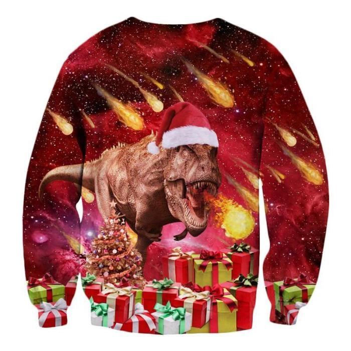 Mens Pullover Sweatshirt 3D Printed Christmas Spitfire Dinosaur Long Sleeve Shirts