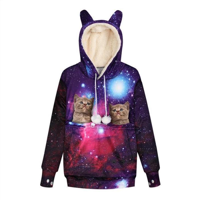Mens Womens Hoodies Galaxy Pullovers With Cat Dog Cuddle Pouch Bag