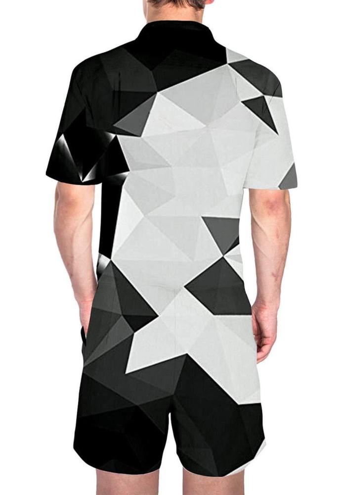 Men'S Rompers Zipper Jumpsuit Black And White Diamond Geometry Printed