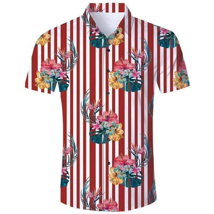 Men'S Hawaiian Short Sleeve Shirts Red Stripes Floral Print