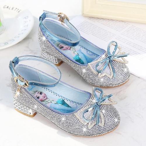Kids Girls Frozen 2 Princess Elsa Casual Leather Crystal Blue Shoes