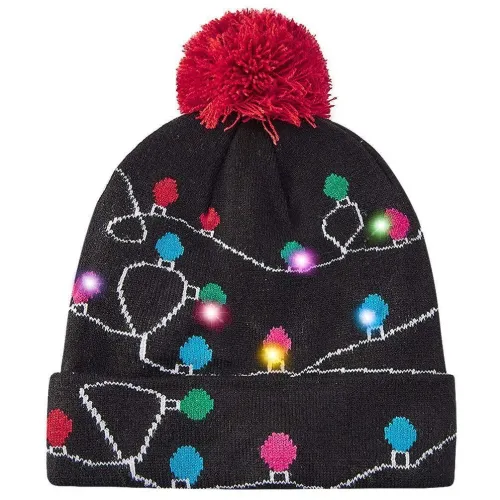 Led Light-Up Knitted Ugly Sweater Holiday Black Hat Xmas Christmas Beanies For Christmas Party
