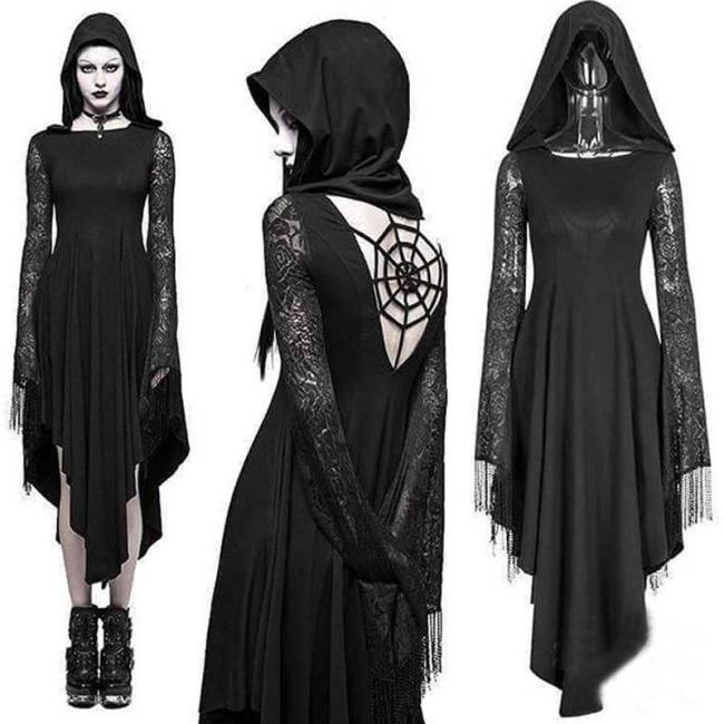 Women Gothic Ghost Black Dresses Vintage Lace Up Backless Hooded Dress Halloween Cosplay Costume