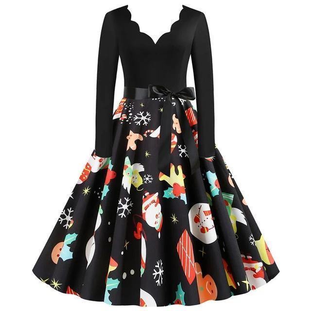 Black Big Swing Print Vintage Christmas Dress Women Winter Casual Long Sleeve V Neck Sexy New Year Party Dress Plus Size S~3Xl