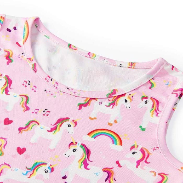 Girls 3D Printing Dress Pink Unicorn Pattern Sleeveless