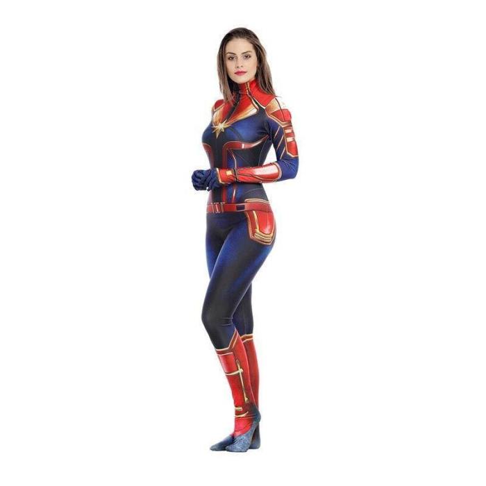 Kids Adult Captain Marvel Costume Cosplay 3D Zentai Suit Jumpsuit