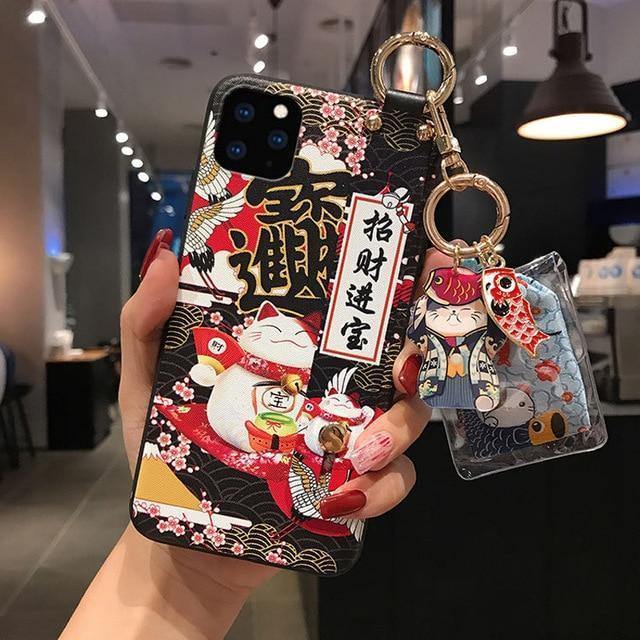 Lucky Cat Phone Case With Hand Strap And Key Chain