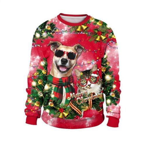 Mens Red Pullover Sweatshirt 3D Graphic Printing Merry Christmas Dog Cat Pattern