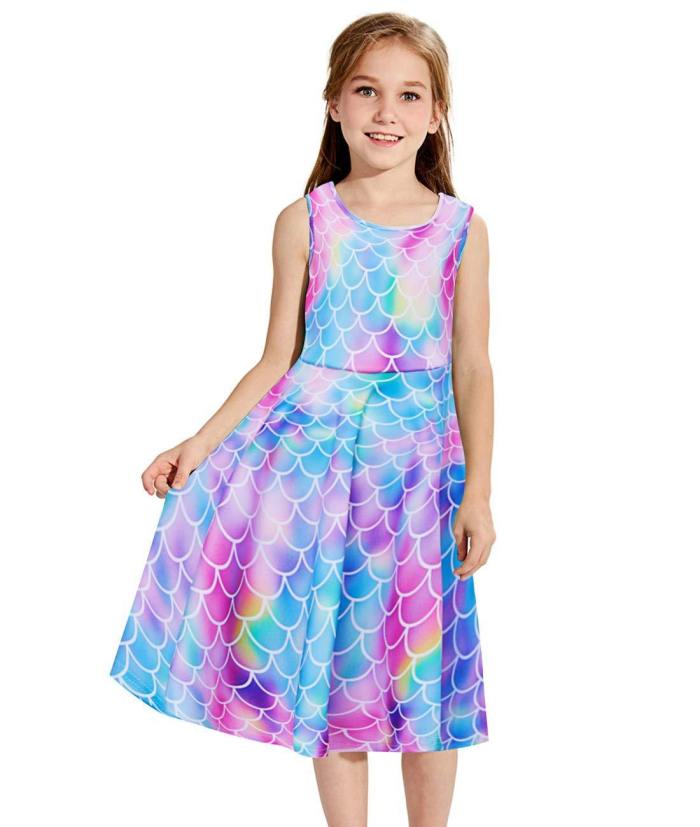 Girls 3D Printing Dress Colorful Fish Scale Pattern Sleeveless