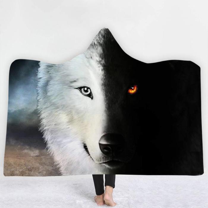 Black And White Wolf Hooded Blanket
