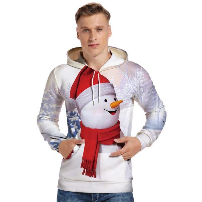 Mens Hoodies 3D Graphic Printed Christmas Snowman White Pullover Hoodie