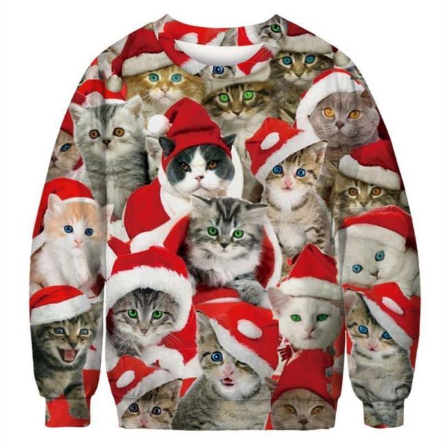 Mens Pullover Sweatshirt 3D Printed Christmas Cat Party Long Sleeve Shirts