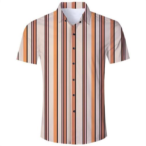 Men'S Hawaiian Short Sleeve Shirts Brown Stripes Printing