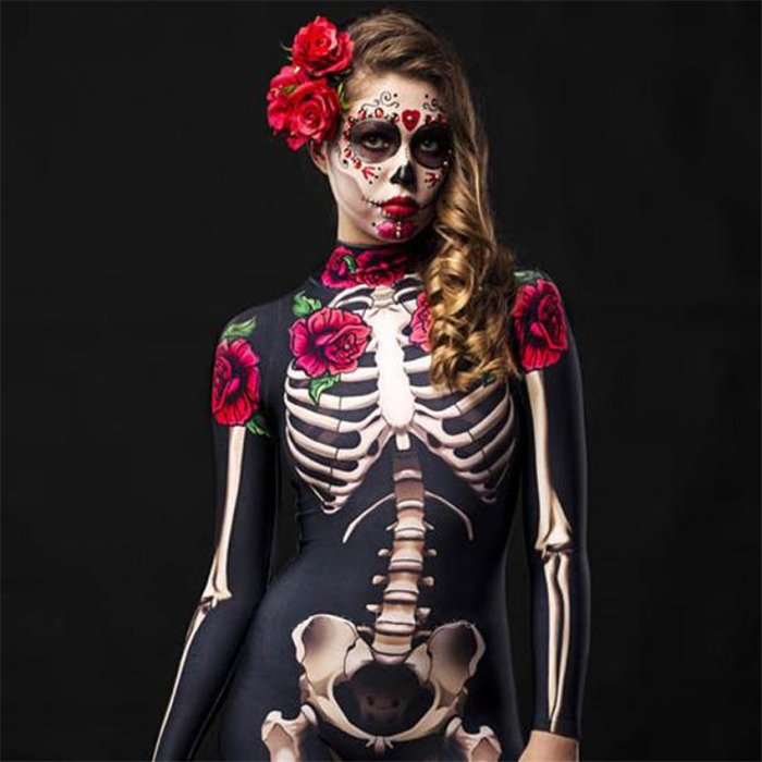 Halloween Rose Skeleton Scary Dress Day Of The Dead Jumpsuit Costumes