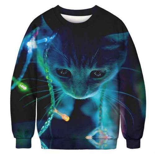 Mens Pullover Sweatshirt 3D Printed Christmas Adorable Cat Long Sleeve Shirts