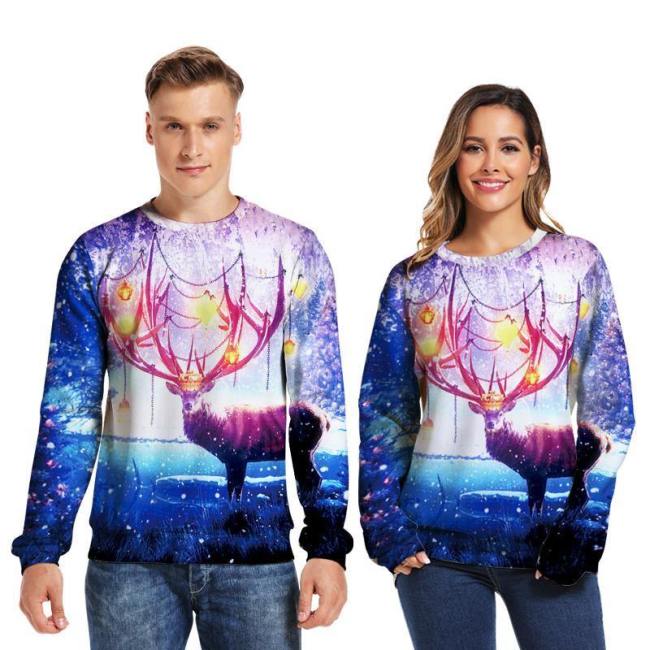 Mens Pullover Sweatshirt 3D Printed Christmas Dreamlike Deer Long Sleeve Shirts