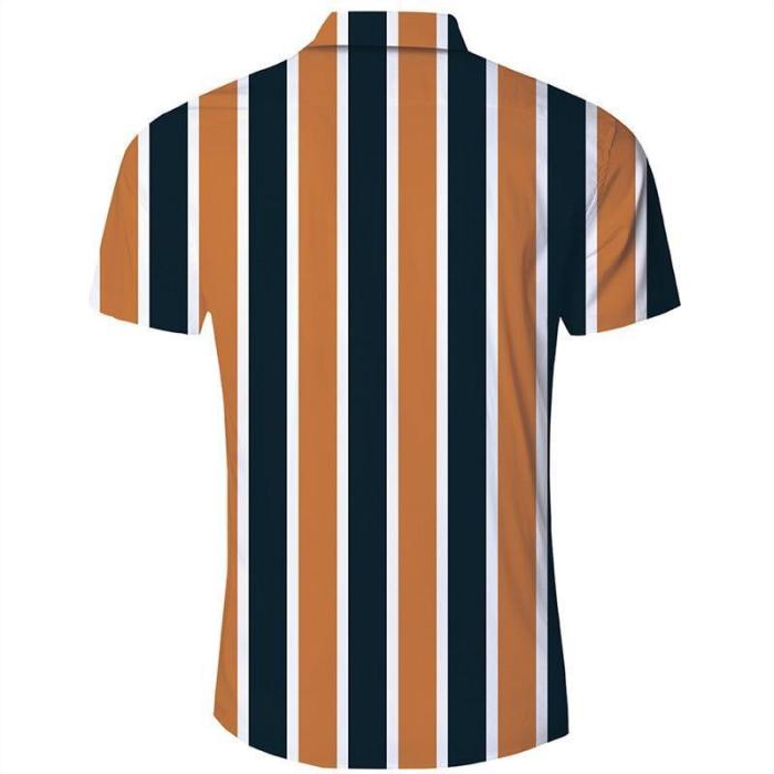 Men'S Hawaiian Short Sleeve Shirts Brown Stripes Print