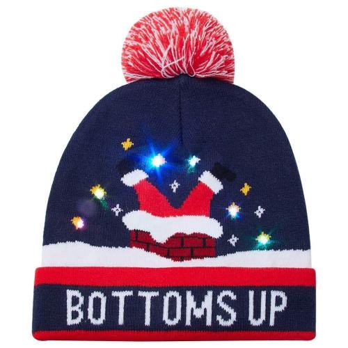 Flashing Light Bottoms Up Dark Blue Hat With Lights Knitted Light Hat For Christmas Party