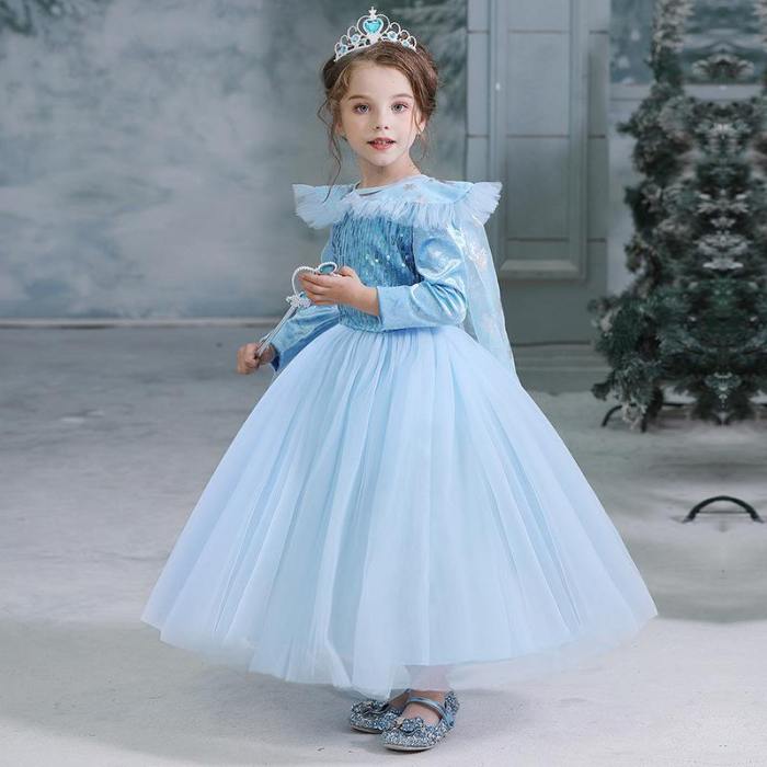 New Kids Frozen Elsa Princess Girls Costume Dresses With Crown Wand Cosplay Party Holiday