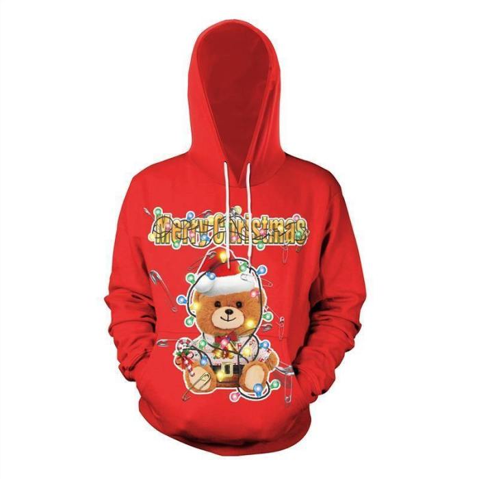 Mens Red Hoodies 3D Graphic Printed Merry Christmas Little Bear Pullover