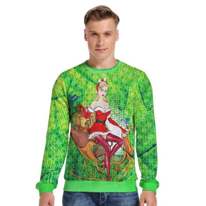 Mens Pullover Sweatshirt 3D Printed Christmas Green Long Sleeve Shirts