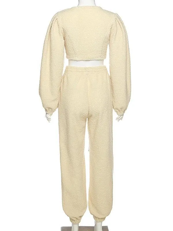 Womens Sexy 2 Piece Outfit Lantern Sleeve Crop Top Jogger Tracksuit