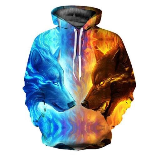 Fire And Ice Wolf 3D Pullover Hoodie Sweatshirt