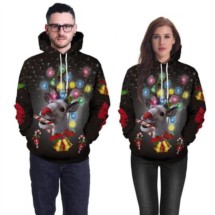 Mens Black Hoodies 3D Graphic Printed Merry Christmas Deer Pullover