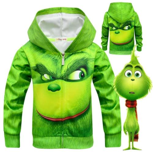 Grinch Zip Up Hoodie Green 3D Outwear Christmas Long Sleeve Top Kids Hoody