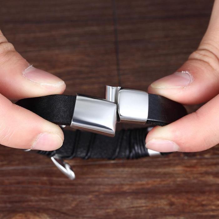 Black Leather Magnetic Clasp Multi-Layer Bracelet