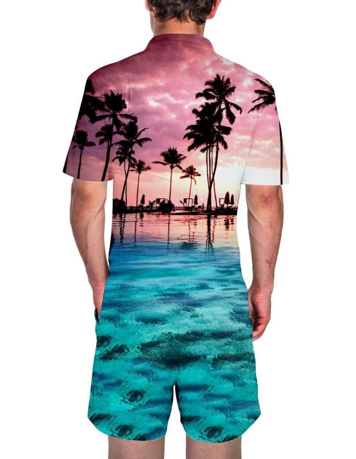 Men'S Romper Fashion Palm Tree Flamingos Hawaiian Jumpsuits