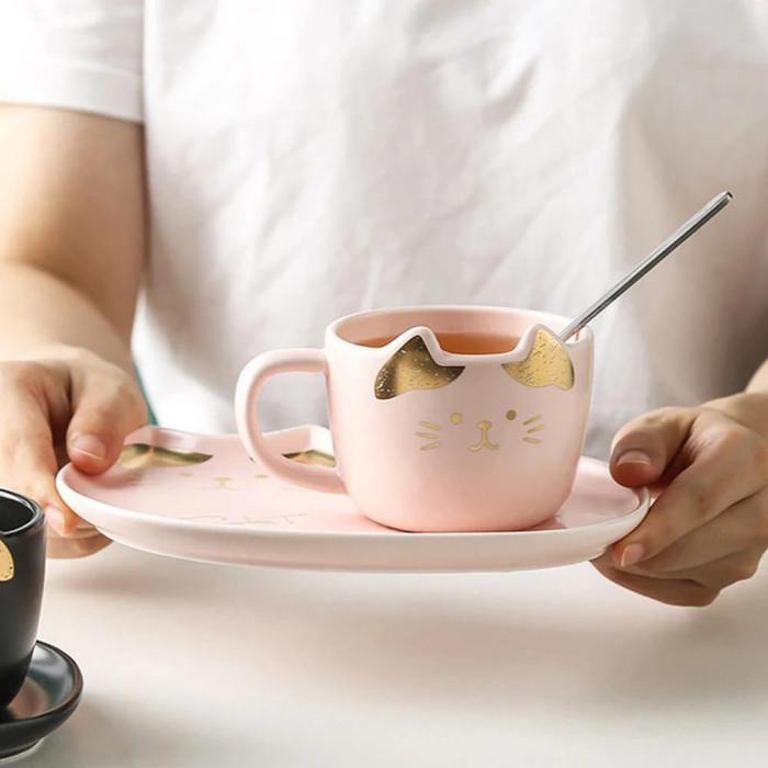 Ceramic Cat Coffee Mug And Cookie Plate Set