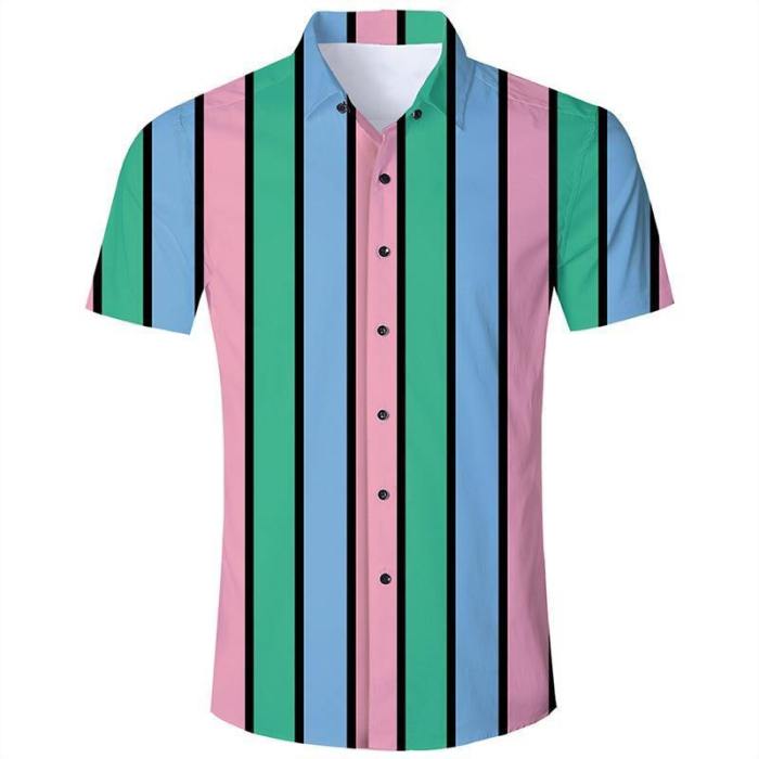 Men'S Hawaiian Short Sleeve Shirts Green Pink Stripes Printing