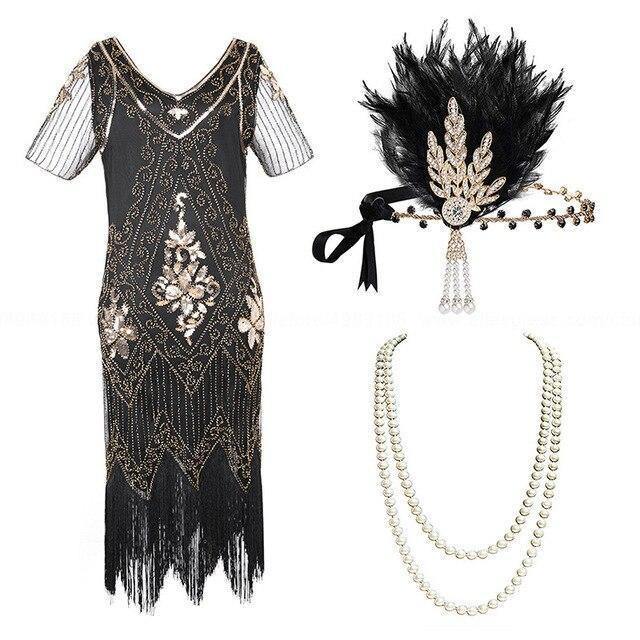 Womens S Plus Size Great Gatsby Flapper Sequin Beads Dress With Roaring 20S  Accessories Set For Party