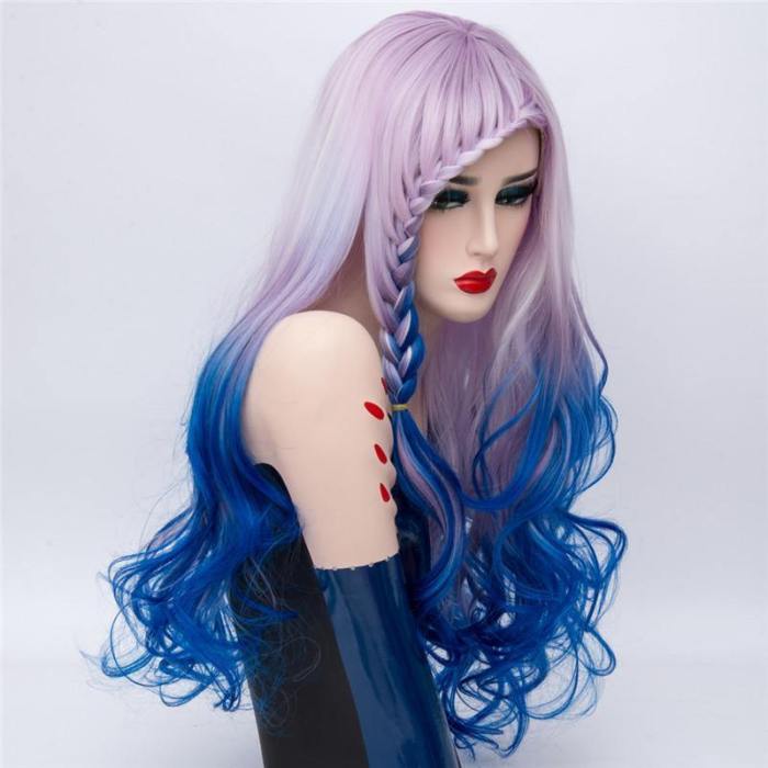 Long Braids Cosplay Wigs For Women Rainbow Ombre Braiding Synthetic Wavy Wig