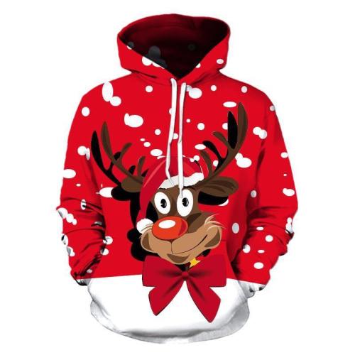 Reindeer Print Hoodie Christmas Pullover Unisex Sweatshirt