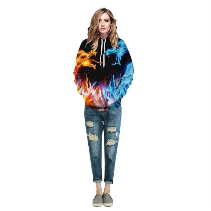 Mens Hoodies 3D Graphic Printed Blue Red Fire Pullover Hoody