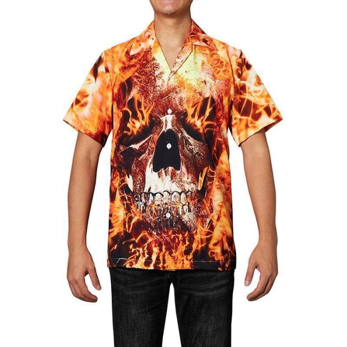 Men'S Hawaiian Shirts Fire Skull Printed