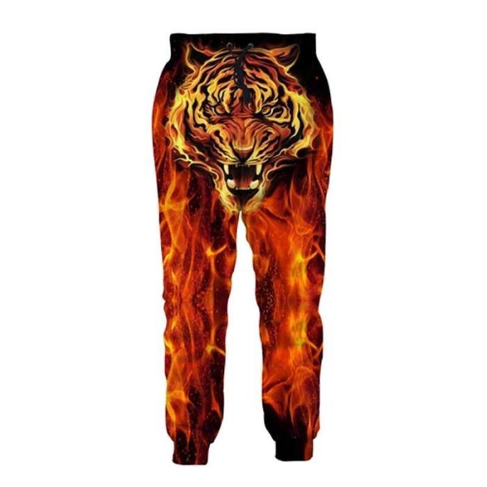 Mens Jogger Pants 3D Printing Fire Tiger Pattern Trousers