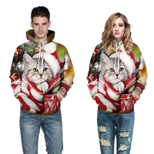 3D Print Hoodie - Cute Christmas Cat Pattern Pullover Hoodie