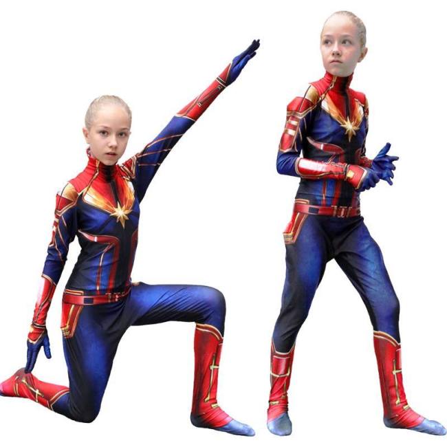 Captain Marvel Cosplay Costume For Kids Superhero 3D Halloween Jumpsuit