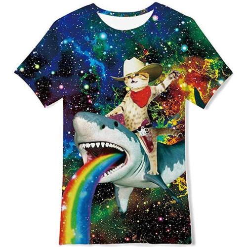 Kids Girls Boys Summer T Shirts Stylish Cat Riding Shark Kids Tee