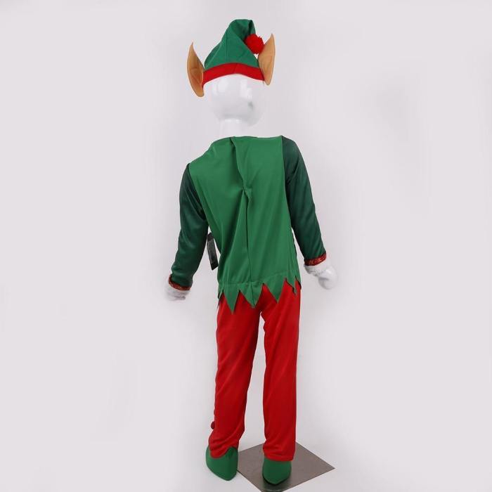 Deluxe Green Christmas Elf Cosplay Santa Claus Costume For Boys Kids Jumpsuit Hat New Year Party Outfit