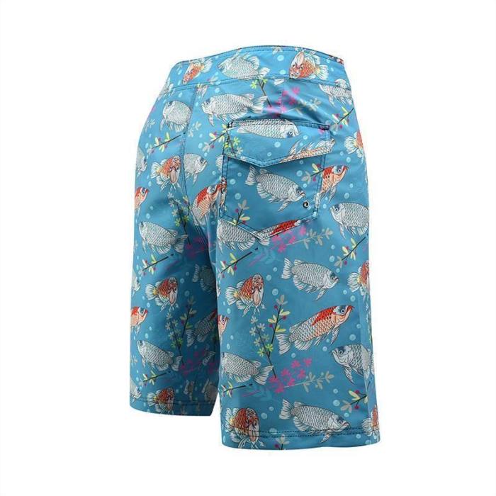Men'S Beach Board Shorts Fish Pattern Blue Swimming Pants