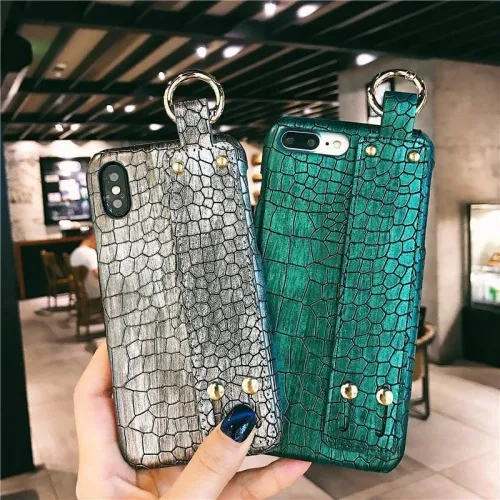 Luxury Plain Croc Leather Phone Case With Hand Strap Holder