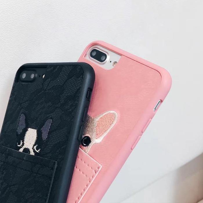 Lace Cartoon Peeking Bulldog Phone Case With Pocket