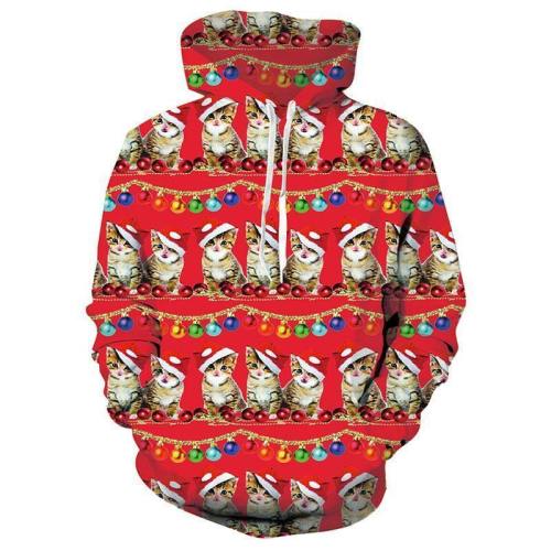 Mens Christmas Hoodies 3D Printing Cute Cat Printed Hoody