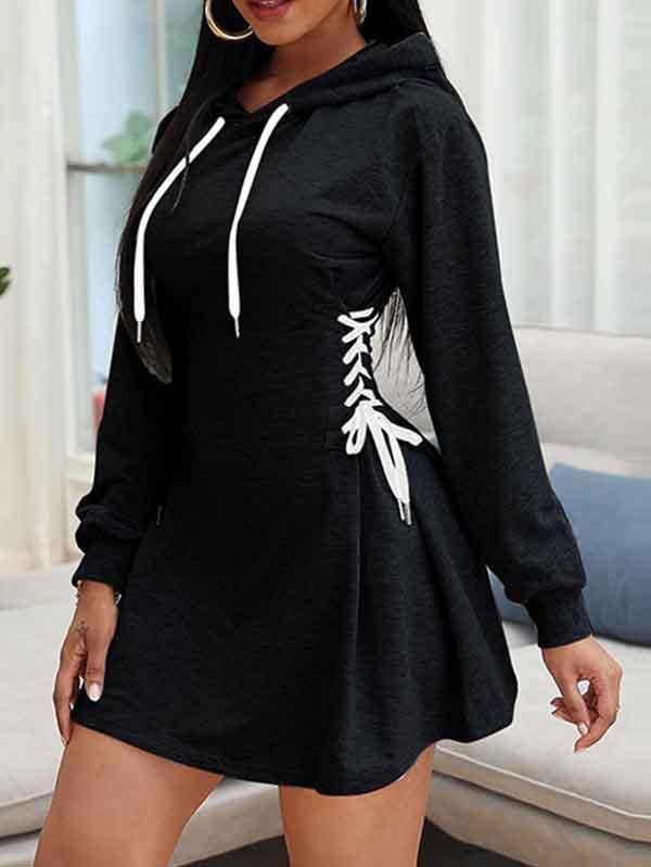 Solid Long Sleeve Lace Up Hoodie Dress For Women