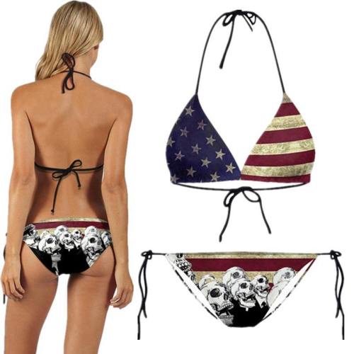 Usa American Flag Logo Skull Costumes Bikini Bra Swimwear Swimsuit