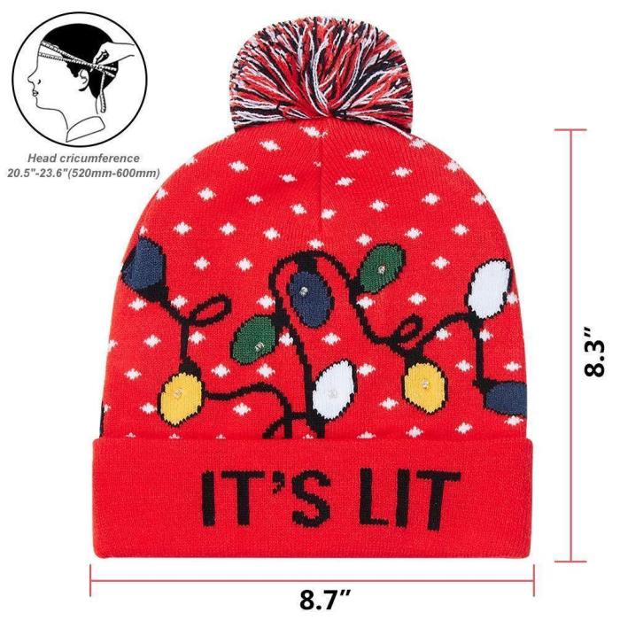 Christmas Red Hat With 6 Colorful Lights Knitwear It'S Lit Xmas Beanie Hat For Mens Womens